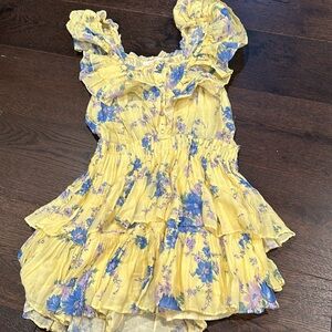 Loveshackfancy Yellow with Purple and Blue Flowers Fatima Mini Ruffle Dress
